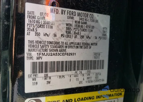 2012 Ford Expedition Limited from USA, damaged, VIN 1FMJU2A53CEF62931